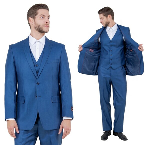 Sharkskin Classic Fit Mens Suit 3pc, Blue - Picture 1 of 6